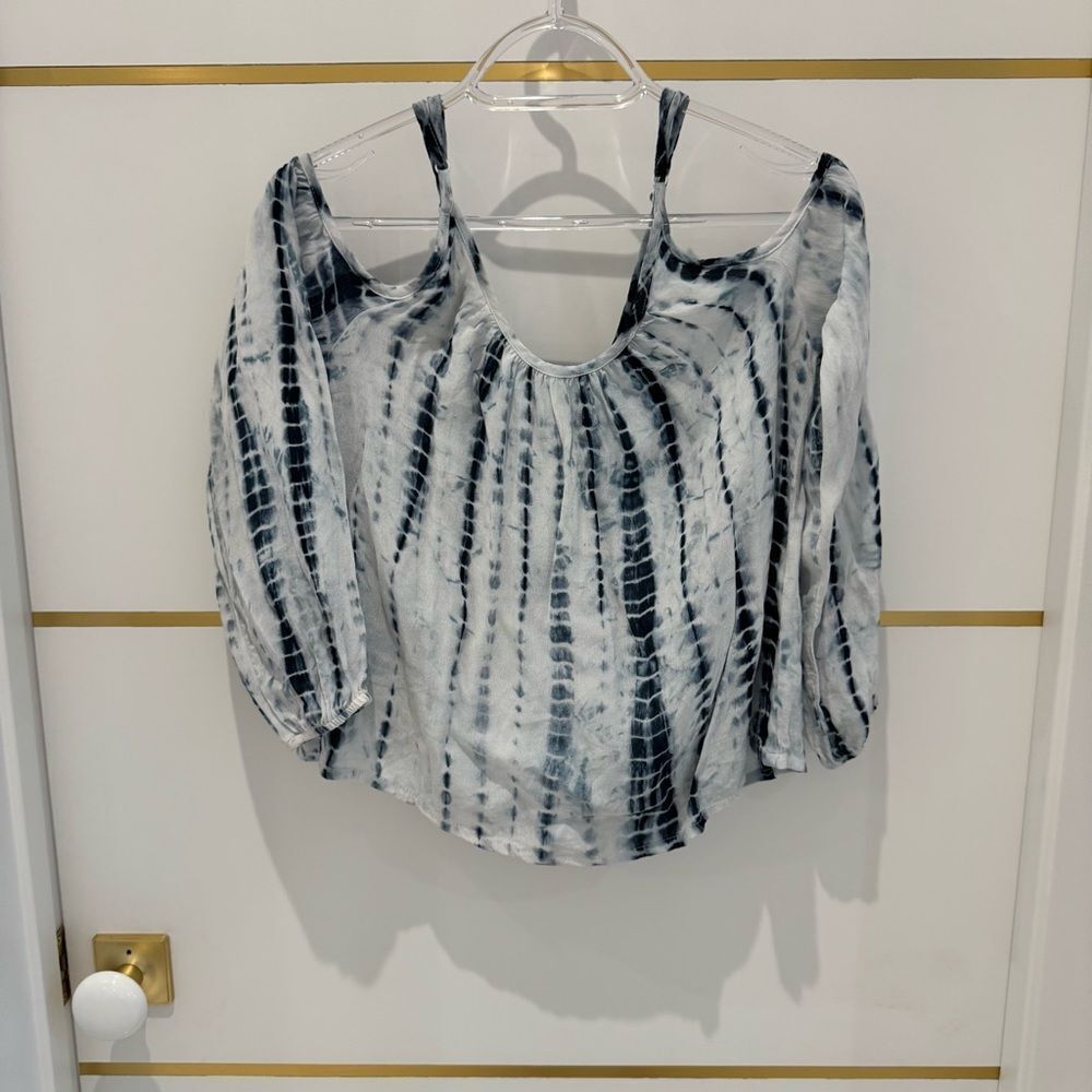 Lovers + Friends Shibori Tie-Dye white blue off shoulder crop top